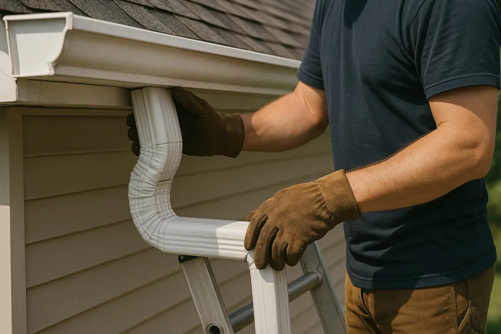 Hands securing downspout connection – professional rainwater drainage solution installation.