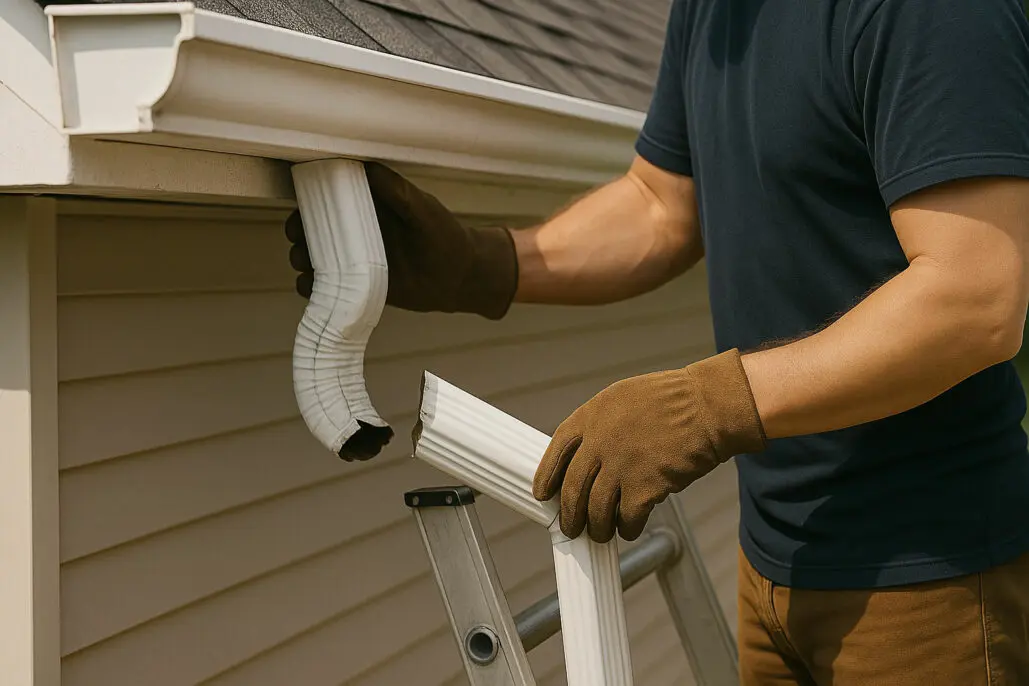 Worker adjusting new downspout into gutter system – seamless gutter installation by Rollin True.