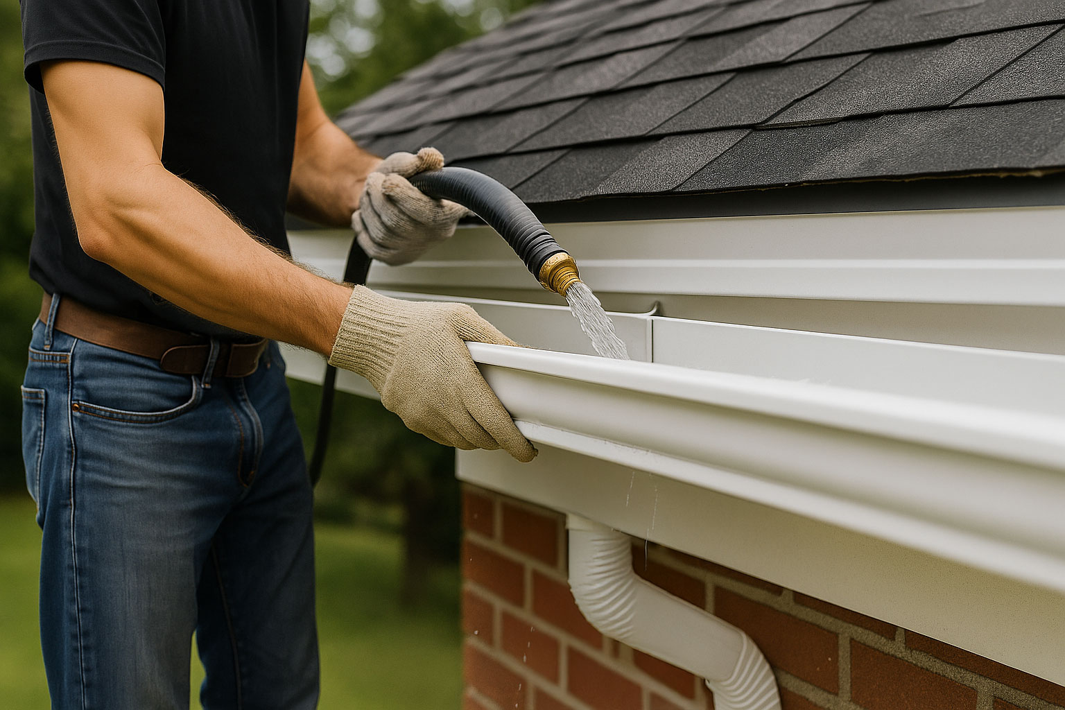 Worker installing seamless aluminum gutter under shingle roof and performs flow test – professional gutter installation in Lynn, IN.